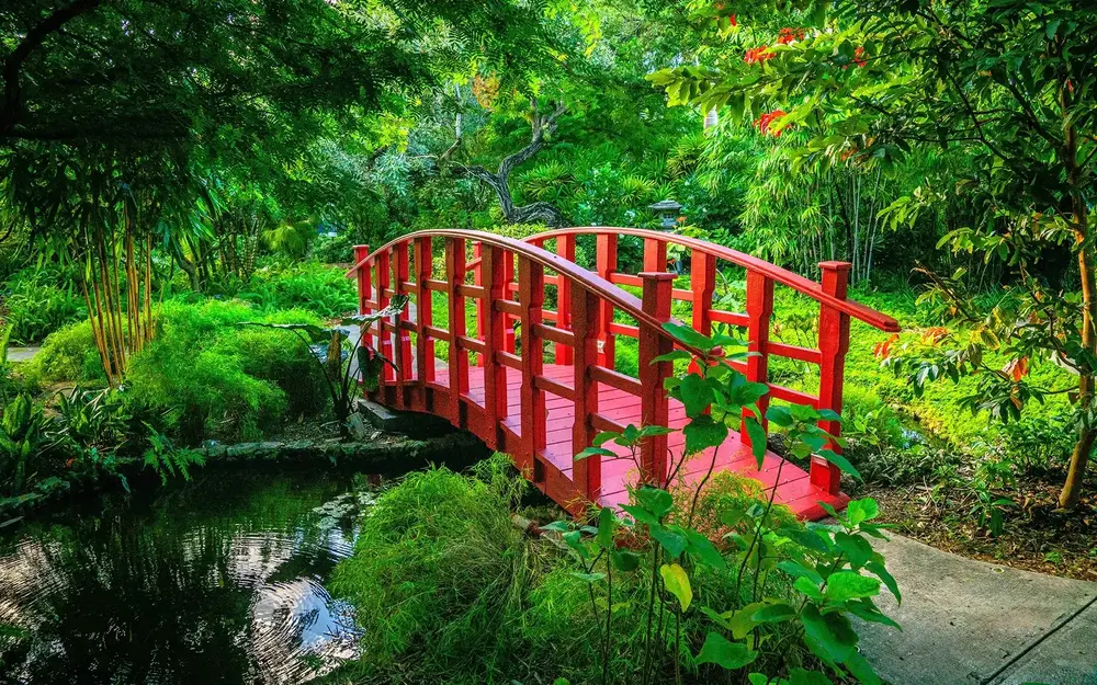 Red bridge inside Miami Beach Botanical Garden