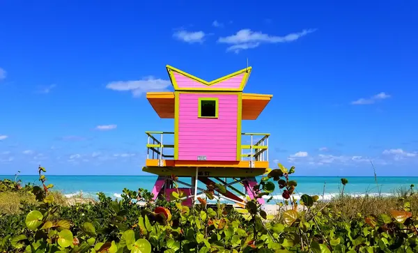 Pink lifeguard stand on Miami Beach