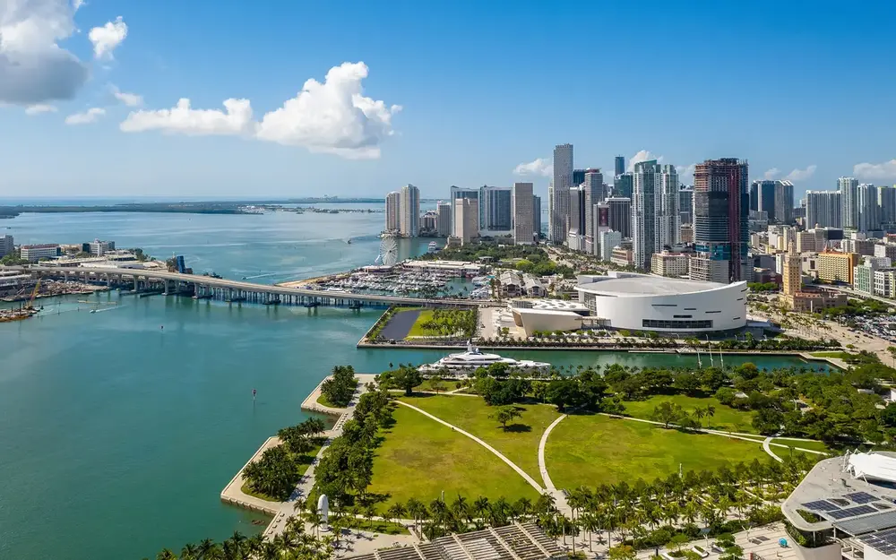 Aerial view of Kaseya Center and Downtown Miami