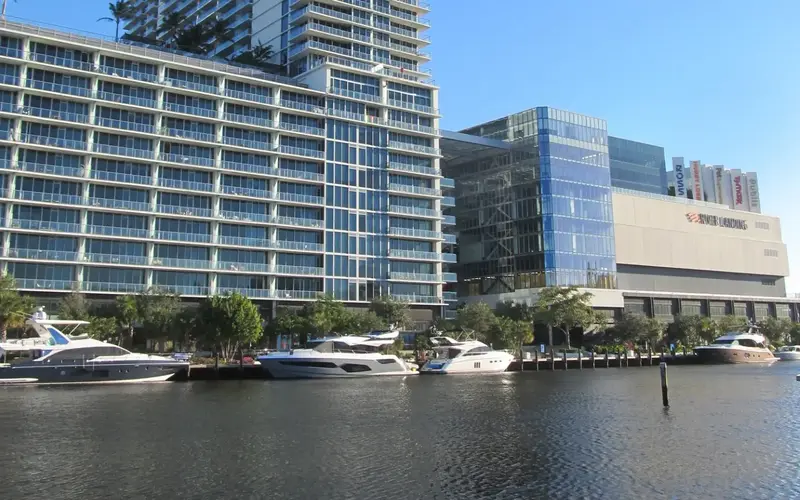 Boats docked alongside the Miami River