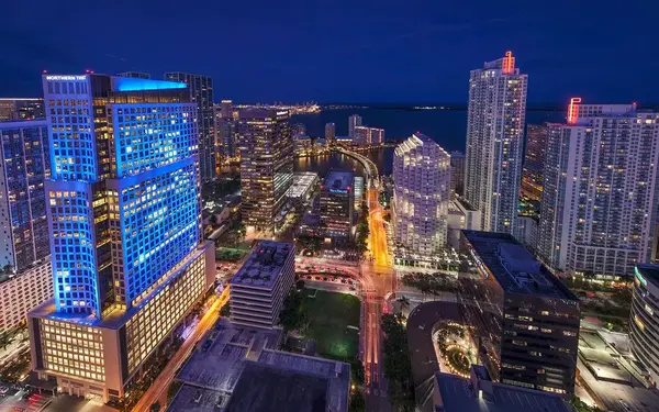 Aerial view of Downtown Miami and Brickell at night