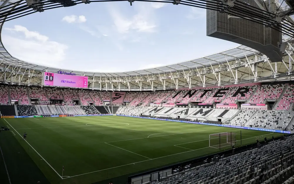 NU Stadium with pink and white Inter Miami on the seats