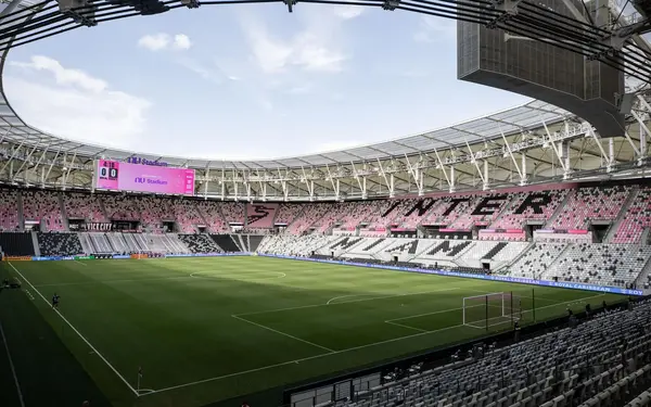 NU Stadium with pink and white Inter Miami on the seats