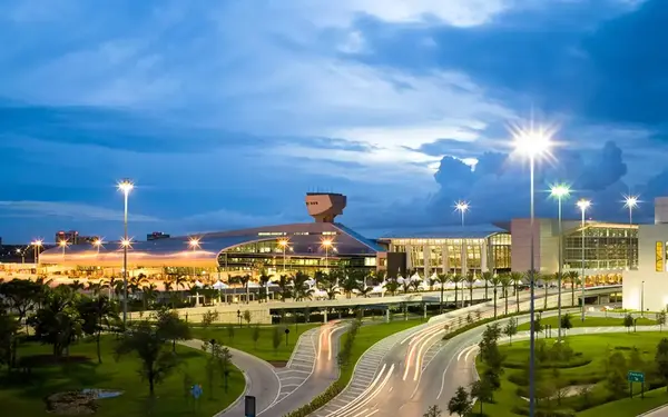 Front view of Miami International Airport at night