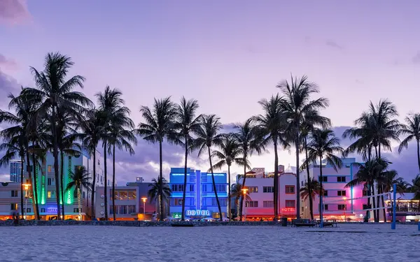 Ocean Drive at dusk with a purple hued sky